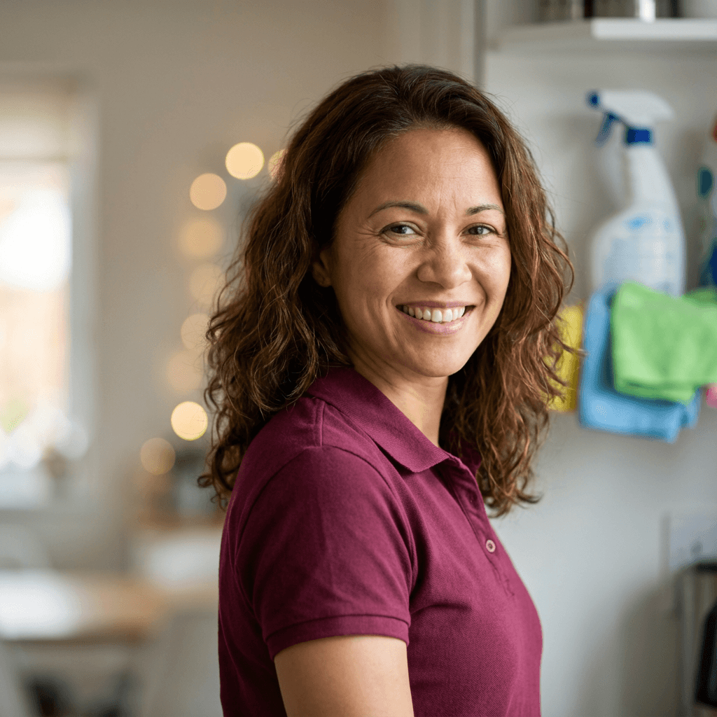 Amanda Carter smiling in a sunlit living room holding a microfiber cloth