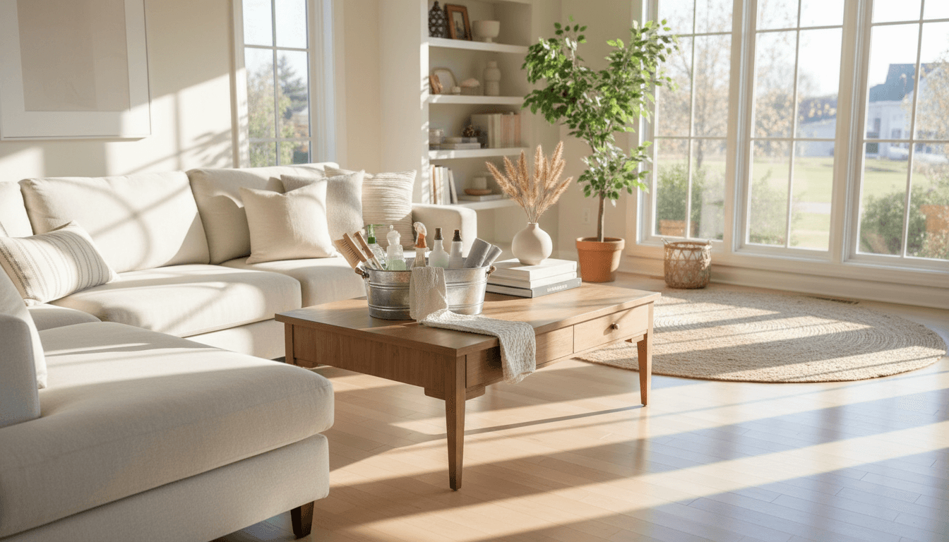 Bright organized living room ready for cleaning