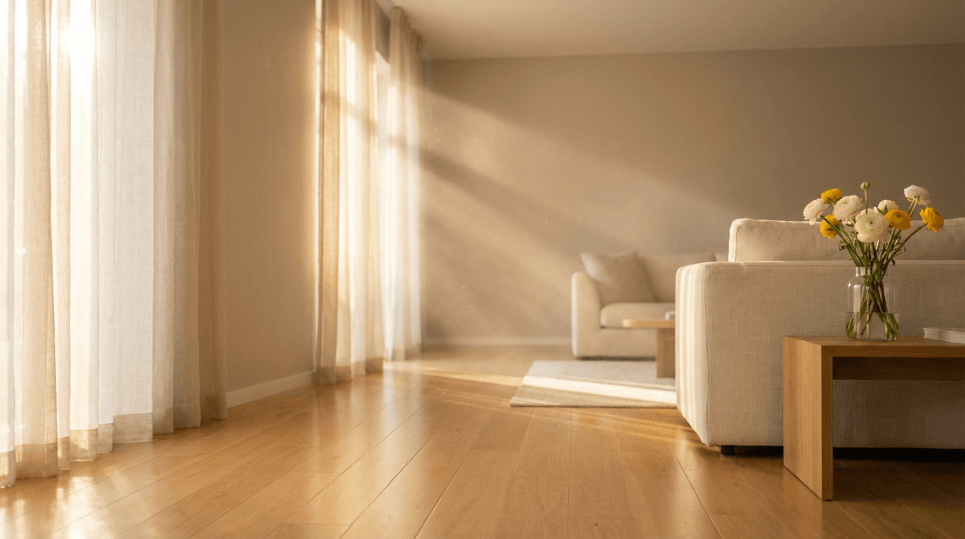 Sunlit living room with fresh white linens and clean surfaces