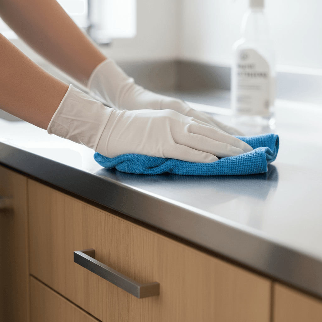 Professional cleaner wiping a kitchen counter with a microfiber cloth