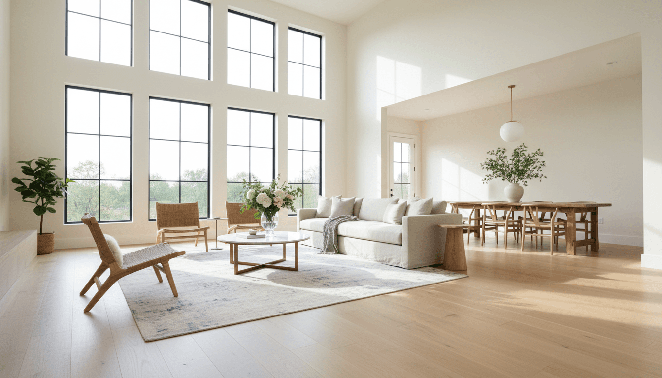 Bright, freshly cleaned living room with sunlight coming through the windows