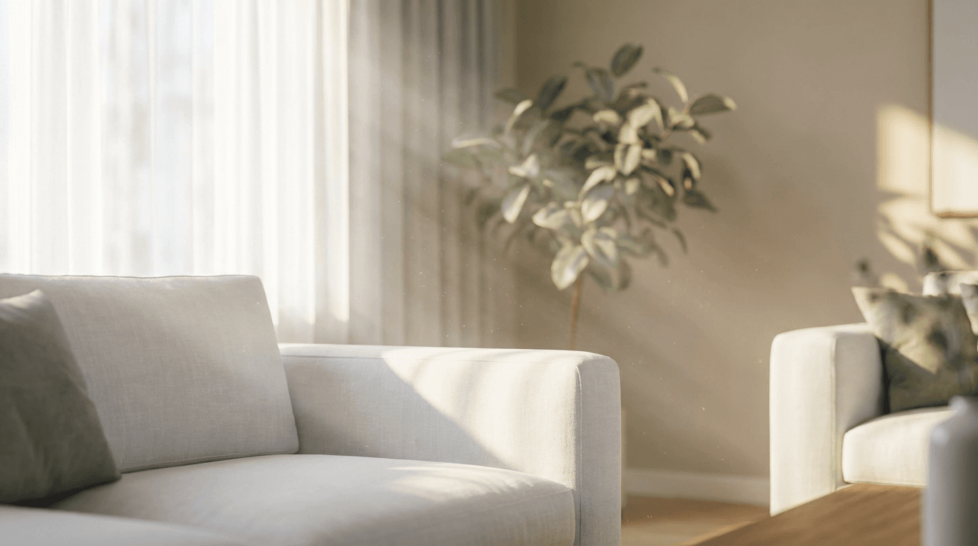 Bright modern living room with natural light and a cleaner tidying in the background
